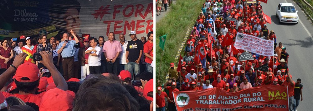 Durante evento em Aracaju ao lado da presidente Dilma Rousseff, o líder do MST, João Pedro Stédile, disse que os manifestantes contrários ao impeachment e ligados às centrais sindicais têm que "assumir o compromisso de preparar uma greve geral neste país"; "Não aceitaremos o governo golpista de Michel Temer", protestou; ele fez um apelo para que Dilma não vá na abertura da Olimpíada, pediu à população que "assuma o compromisso de fazer uma vigília na casa dos senadores" na semana da votação do impeachment e anunciou: "vamos visitar a senhora no final de agosto, no Palácio do Planalto" (Foto: Gisele Federicce) Durante evento em Aracaju ao lado da presidente Dilma Rousseff, o líder do MST, João Pedro Stédile, disse que os manifestantes contrários ao impeachment e ligados às centrais sindicais têm que "assumir o compromisso de preparar uma greve geral neste país"; "Não aceitaremos o governo golpista de Michel Temer", protestou; ele fez um apelo para que Dilma não vá na abertura da Olimpíada, pediu à população que "assuma o compromisso de fazer uma vigília na casa dos senadores" na semana da votação do impeachment e anunciou: "vamos visitar a senhora no final de agosto, no Palácio do Planalto"