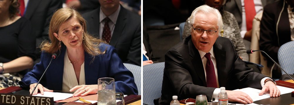 Os embaixadores dos EUA e da Rússia nas Nações Unidas, Samantha Power e Vitaly Churkin, declaram “estar fartos” um de outro no Conselho de Segurança; na noite de ontem, a Rússia convocou uma reunião do conselho, depois que os Estados Unidos violaram o acordo de cessar-fogo e dispararam contra o Exército sírio, num ataque que foi interpretado como uma ajuda ao Estado Islâmico (Foto: Leonardo Attuch) Os embaixadores dos EUA e da Rússia nas Nações Unidas, Samantha Power e Vitaly Churkin, declaram “estar fartos” um de outro no Conselho de Segurança; na noite de ontem, a Rússia convocou uma reunião do conselho, depois que os Estados Unidos violaram o acordo de cessar-fogo e dispararam contra o Exército sírio, num ataque que foi interpretado como uma ajuda ao Estado Islâmico