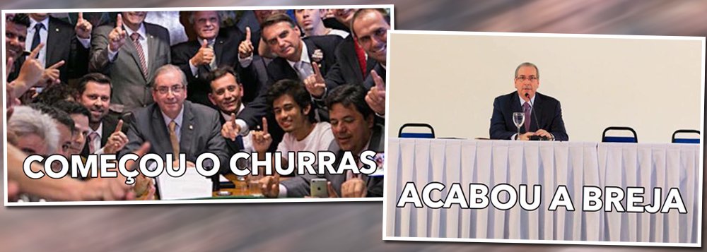 Meme que circula nas redes sociais ilustra bem a influência e o apoio que tinha Eduardo Cunha em maio de 2015, quando foi tirada a primeira foto, em que o presidente da Câmara em atividade estava rodeado de integrantes de movimentos pró-impeachment e da oposição, e a diferença desse cenário nesta terça-feira 21; Cunha hoje está afastado da presidência da Câmra, é réu na Lava Jato, assim como sua mulher, está prestes a ter o mandato cassado e corre o risco de ser preso a qualquer momento; na coletiva de hoje, apareceu sozinho em uma mesa enorme, sem um aliado (Foto: Gisele Federicce) Meme que circula nas redes sociais ilustra bem a influência e o apoio que tinha Eduardo Cunha em maio de 2015, quando foi tirada a primeira foto, em que o presidente da Câmara em atividade estava rodeado de integrantes de movimentos pró-impeachment e da oposição, e a diferença desse cenário nesta terça-feira 21; Cunha hoje está afastado da presidência da Câmra, é réu na Lava Jato, assim como sua mulher, está prestes a ter o mandato cassado e corre o risco de ser preso a qualquer momento; na coletiva de hoje, apareceu sozinho em uma mesa enorme, sem um aliado