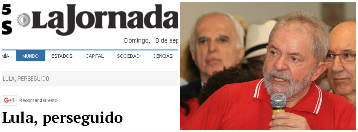 Em editorial intitulado "Lula, perseguido", o jornal mexicano La Jornada afirma que "não se deve ignorar o fato de que dirigentes históricos do PT, e particularmente o ex-mandatário agora acusado, são o objetivo prioritário dos promotores" do MPF; segundo o texto, a denúncia contra Lula seria "a reação de uma oligarquia que mal tolerou conjunturalmente o exercício da presidência por parte de um líder sindicalista metalúrgico e uma lutadora social que militou em um grupo guerrilheiro contra a ditadura militar nos Anos 60 do século passado" (Foto: Leonardo Lucena) Em editorial intitulado "Lula, perseguido", o jornal mexicano La Jornada afirma que "não se deve ignorar o fato de que dirigentes históricos do PT, e particularmente o ex-mandatário agora acusado, são o objetivo prioritário dos promotores" do MPF; segundo o texto, a denúncia contra Lula seria "a reação de uma oligarquia que mal tolerou conjunturalmente o exercício da presidência por parte de um líder sindicalista metalúrgico e uma lutadora social que militou em um grupo guerrilheiro contra a ditadura militar nos Anos 60 do século passado"