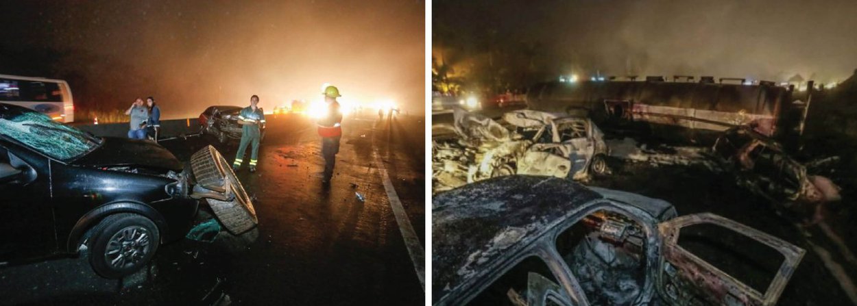 Aumentou para quatro número de pessoas mortas no acidente na BR-277, que envolveu 12 veículos, na noite domingo (3), no litoral do Paraná; o Corpo de Bombeiros encontrou o corpo de um homem carbonizado em uma galeria próximo ao local da batida; os outros mortos são um homem de 43 anos, uma mulher de 35 anos e um garoto de 12 anos; o acidente deixou mais de dez pessoas machucadas; o número de feridos pode mudar, de acordo com a PRF (Foto: Leonardo Lucena) Aumentou para quatro número de pessoas mortas no acidente na BR-277, que envolveu 12 veículos, na noite domingo (3), no litoral do Paraná; o Corpo de Bombeiros encontrou o corpo de um homem carbonizado em uma galeria próximo ao local da batida; os outros mortos são um homem de 43 anos, uma mulher de 35 anos e um garoto de 12 anos; o acidente deixou mais de dez pessoas machucadas; o número de feridos pode mudar, de acordo com a PRF