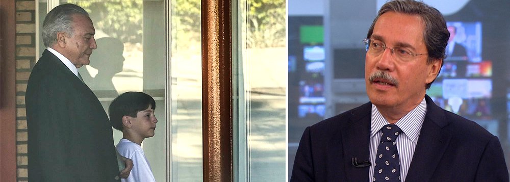 “Pois não é que o presidente interino, Michel Temer, resolveu usar a família para um golpe publicitário, e foi buscar o filho na escola, cercado de assessores e seguranças, e avisou a imprensa? O resultado foi um tumulto na frente da escola em Brasília, e um frustrado movimento para “humanizar” a imagem do presidente interino, que serviu apenas para mostrá-lo como político do velho estilo, que não recusa um papel desses para parecer bom pai”, diz o colunista Merval Pereira (Foto: Roberta Namour) “Pois não é que o presidente interino, Michel Temer, resolveu usar a família para um golpe publicitário, e foi buscar o filho na escola, cercado de assessores e seguranças, e avisou a imprensa? O resultado foi um tumulto na frente da escola em Brasília, e um frustrado movimento para “humanizar” a imagem do presidente interino, que serviu apenas para mostrá-lo como político do velho estilo, que não recusa um papel desses para parecer bom pai”, diz o colunista Merval Pereira