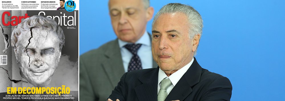 Reportagem de capa da revista diz que "o PMDB e o governo interino afundam, empurrados pela delação de Sérgio Machado e o fim de Eduardo Cunha" (Foto: Gisele Federicce) Reportagem de capa da revista diz que "o PMDB e o governo interino afundam, empurrados pela delação de Sérgio Machado e o fim de Eduardo Cunha"