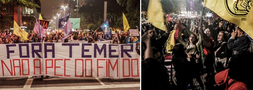 A frente de movimentos sociais Povo Sem Medo protestou, na noite desta terça, contra a aprovação da PEC 241, que limita os gastos públicos por 20 anos; a manifestação começou por volta das 19h no vão-livre do Masp, na Avenida Paulista, e seguiu até o escritório da Presidência da República, na mesma avenida, onde foi encerrada por volta das 20h10 (Foto: Gisele Federicce) A frente de movimentos sociais Povo Sem Medo protestou, na noite desta terça, contra a aprovação da PEC 241, que limita os gastos públicos por 20 anos; a manifestação começou por volta das 19h no vão-livre do Masp, na Avenida Paulista, e seguiu até o escritório da Presidência da República, na mesma avenida, onde foi encerrada por volta das 20h10