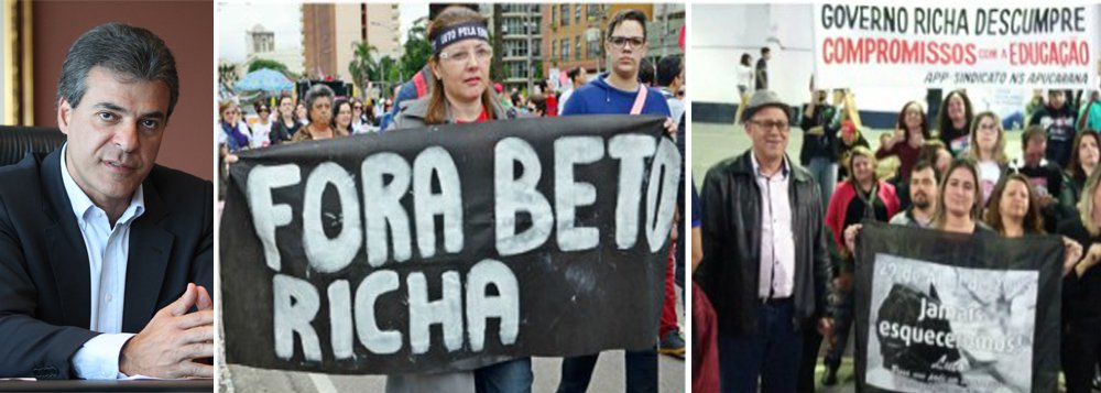 Cerca de cinco mil pessoas exigiram ontem (1º) à noite a saída do governador do Paraná gritando "Fora Beto Richa" na cerimônia de abertura dos Jogos Escolares, em Apucarana, Norte do Paraná; o protesto foi protagonizado por professores e funcionários de escolas da rede pública, que denunciaram novo calote do tucano na categoria (Foto: Romulo Faro) Cerca de cinco mil pessoas exigiram ontem (1º) à noite a saída do governador do Paraná gritando "Fora Beto Richa" na cerimônia de abertura dos Jogos Escolares, em Apucarana, Norte do Paraná; o protesto foi protagonizado por professores e funcionários de escolas da rede pública, que denunciaram novo calote do tucano na categoria