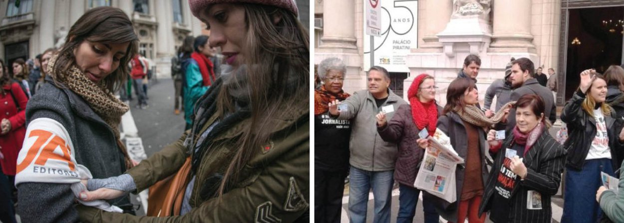 Acostumados a cobrir manifestações diárias pelas ruas da cidade, muitas vezes na frente do Palácio Piratini, dezenas de jornalistas se viram do outro lado das lentes ao se reunirem no local, para participar de um ato em apoio ao repórter Matheus Chaparini, do Jornal Já, que foi preso pela Brigada Militar enquanto trabalhava na cobertura da ocupação da Secretaria da Fazenda por estudantes; Chaparini, que foi acusado pela polícia de participar da manifestação na quarta, permaneceu 14 horas preso, tendo inclusive sido levado ao Presídio Central e indiciado por quatro crimes (Foto: Leonardo Lucena) Acostumados a cobrir manifestações diárias pelas ruas da cidade, muitas vezes na frente do Palácio Piratini, dezenas de jornalistas se viram do outro lado das lentes ao se reunirem no local, para participar de um ato em apoio ao repórter Matheus Chaparini, do Jornal Já, que foi preso pela Brigada Militar enquanto trabalhava na cobertura da ocupação da Secretaria da Fazenda por estudantes; Chaparini, que foi acusado pela polícia de participar da manifestação na quarta, permaneceu 14 horas preso, tendo inclusive sido levado ao Presídio Central e indiciado por quatro crimes