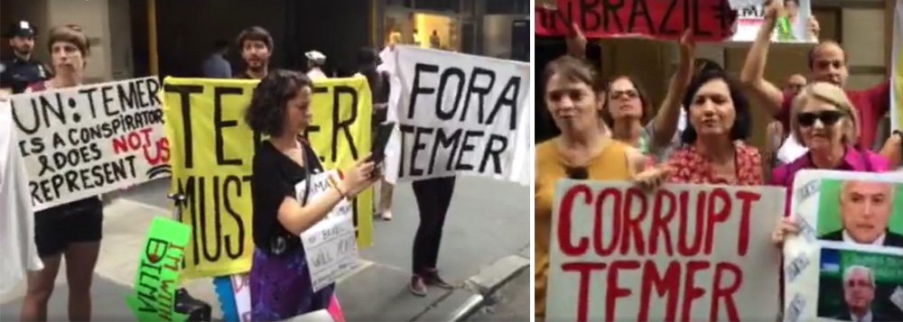 "Parem o golpe no Brasil!", gritavam os manifestantes nesta quarta-feira 21, no segundo dia de manifestações contrárias ao golpe e a Michel Temer em Nova York; "Fora entreguistas" e "O Brasil não está à venda", disseram ainda os participantes dos atos (Foto: Gisele Federicce) "Parem o golpe no Brasil!", gritavam os manifestantes nesta quarta-feira 21, no segundo dia de manifestações contrárias ao golpe e a Michel Temer em Nova York; "Fora entreguistas" e "O Brasil não está à venda", disseram ainda os participantes dos atos