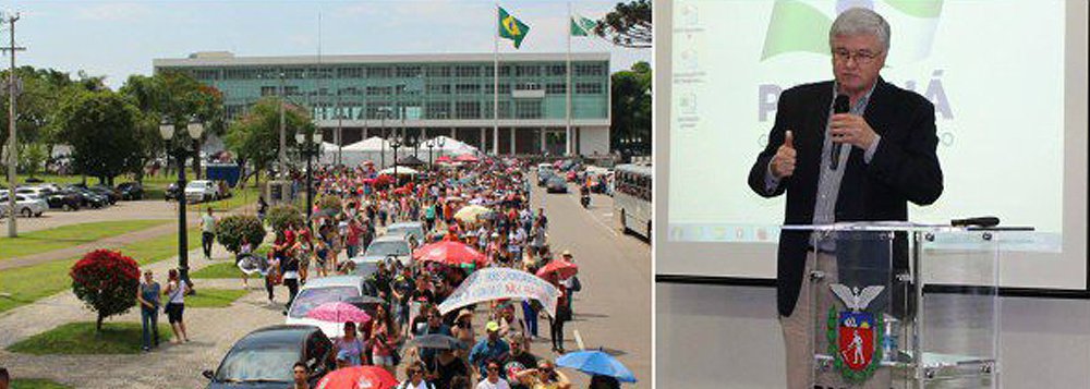 O governador Beto Richa (PSDB) poderá retirar a mensagem 403, na Assembleia Legislativa, que revoga a data-base dos 250 mil servidores do Paraná; essa foi a reivindicação dos grevistas, para continuar conversando com o tucanato; o governo condicionou a retirada da proposta à volta dos grevistas ao trabalho e avisou que a reapresentará em 30 de novembro, se as negociações não avançarem (Foto: Leonardo Lucena) O governador Beto Richa (PSDB) poderá retirar a mensagem 403, na Assembleia Legislativa, que revoga a data-base dos 250 mil servidores do Paraná; essa foi a reivindicação dos grevistas, para continuar conversando com o tucanato; o governo condicionou a retirada da proposta à volta dos grevistas ao trabalho e avisou que a reapresentará em 30 de novembro, se as negociações não avançarem