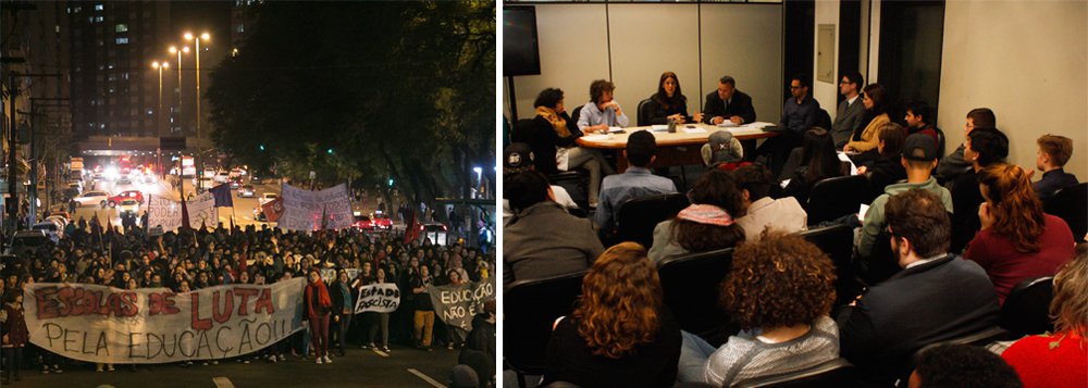 Em reunião de conciliação com o governo estadual estudantes de 18 escolas entraram em acordo para desocupar as instituições até quinta (23); a negociação foi feita com o Comitê das Escolas Independentes, grupo dissidente dos que haviam aceitado a proposta no último dia 15, os quais se comprometeram a fazer as desocupações até o início desta semana; os estudantes reiteram, porém, que não necessariamente representam a totalidade das escolas que ainda estão ocupadas (Foto: Leonardo Lucena) Em reunião de conciliação com o governo estadual estudantes de 18 escolas entraram em acordo para desocupar as instituições até quinta (23); a negociação foi feita com o Comitê das Escolas Independentes, grupo dissidente dos que haviam aceitado a proposta no último dia 15, os quais se comprometeram a fazer as desocupações até o início desta semana; os estudantes reiteram, porém, que não necessariamente representam a totalidade das escolas que ainda estão ocupadas