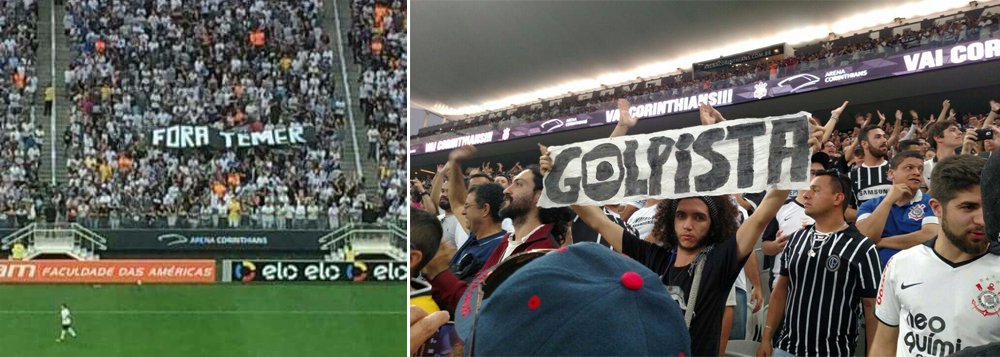 Na arquibancada lotada no estádio Itaquerão, na capital paulista, neste domingo, torcedores exibiam cartazes pedindo 'fora, Temer' e chamando a Rede Globo de 'golpista'; o ato foi articulado pelo Levante Popular da Juventude e pelo Coletivo Democracia Corinthiana (Foto: Romulo Faro) Na arquibancada lotada no estádio Itaquerão, na capital paulista, neste domingo, torcedores exibiam cartazes pedindo 'fora, Temer' e chamando a Rede Globo de 'golpista'; o ato foi articulado pelo Levante Popular da Juventude e pelo Coletivo Democracia Corinthiana