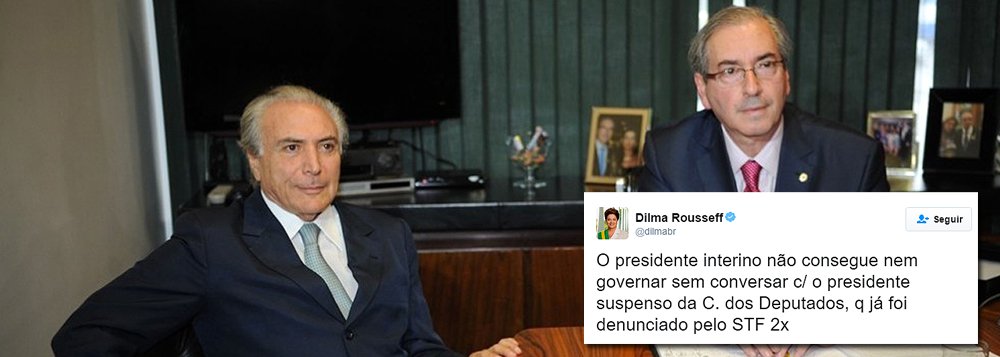 Presidente Dilma Rousseff usou o Twitter para criticar o encontro secreto do interino Michel Temer com Eduardo Cunha, no Jaburu, para "avaliar o quadro político atual": "O presidente interino não consegue nem governar sem conversar com o presidente suspenso da Câmara dos Deputados, qu já foi denunciado pelo STF 2 vezes"; "O erro mais óbvio que cometi foi a aliança que eu fiz, para a reeleição, com o grupo político de quem teve atitude de usurpação e traição", acresentou; "Poderíamos ter sido mais contundentes para denunciar golpe articulado pela mídia, descontentes que "não queriam pagar o pato”, oposição e golpistas", disse Dilma (Foto: Roberta Namour) Presidente Dilma Rousseff usou o Twitter para criticar o encontro secreto do interino Michel Temer com Eduardo Cunha, no Jaburu, para "avaliar o quadro político atual": "O presidente interino não consegue nem governar sem conversar com o presidente suspenso da Câmara dos Deputados, qu já foi denunciado pelo STF 2 vezes"; "O erro mais óbvio que cometi foi a aliança que eu fiz, para a reeleição, com o grupo político de quem teve atitude de usurpação e traição", acresentou; "Poderíamos ter sido mais contundentes para denunciar golpe articulado pela mídia, descontentes que "não queriam pagar o pato”, oposição e golpistas", disse Dilma