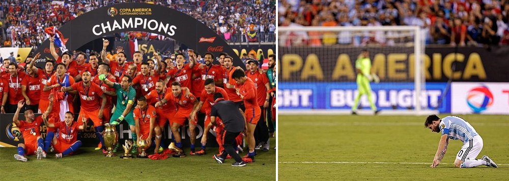 Chile sagrou-se bicampeão da Copa América ao vencer a Argentina nos pênaltis (4-2) na final da edição do Centenário, neste domingo, em Nova Jersey, repetindo o roteiro do ano passado, quando conquistou seu primeiro título continental em casa; a frustração foi ainda maior para o craque Lionel Messi, que isolou sua cobrança na disputa de pênaltis e falhou mais uma vez na tentativa de acabar com o incômodo jejum de 23 anos da 'alviceleste'; depois do vexame, o craque anunciou que não joga mais pela Argentina: "Já deu, a seleção argentina acabou para mim" (Foto: Roberta Namour) Chile sagrou-se bicampeão da Copa América ao vencer a Argentina nos pênaltis (4-2) na final da edição do Centenário, neste domingo, em Nova Jersey, repetindo o roteiro do ano passado, quando conquistou seu primeiro título continental em casa; a frustração foi ainda maior para o craque Lionel Messi, que isolou sua cobrança na disputa de pênaltis e falhou mais uma vez na tentativa de acabar com o incômodo jejum de 23 anos da 'alviceleste'; depois do vexame, o craque anunciou que não joga mais pela Argentina: "Já deu, a seleção argentina acabou para mim"
