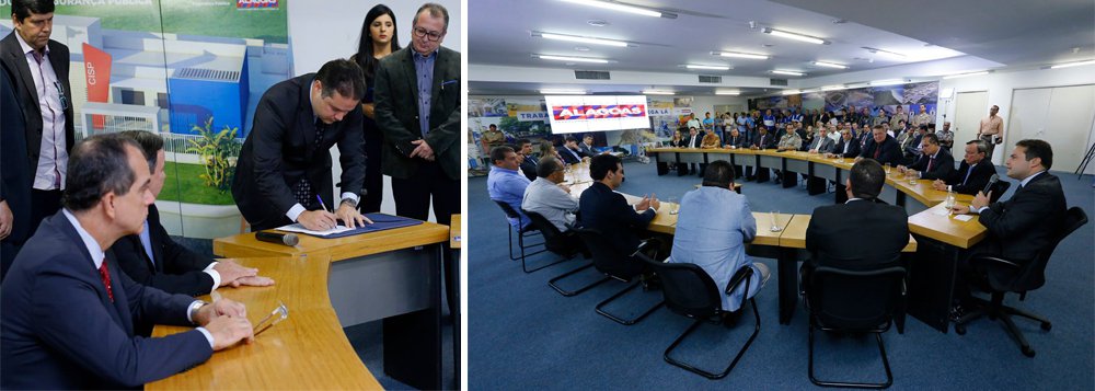 O governador Renan Filho (PMDB) assinou a ordem de serviço para a construção dos seis primeiros centros integrados de segurança pública e ainda anunciou a reforma das delegacias regionais e a construção de duas Casas de Custódia no interior; “As polícias já atuam integradas operacionalmente, mas esses centros vão integrar fisicamente. A PM e a Polícia Civil vão trabalhar juntas no mesmo local e isso aumenta a sinergia do trabalho e integra o trabalho no dia a dia. Trabalhando no mesmo ambiente o resultado sem dúvida será melhor. Isso já tem dado certo em outros lugares”, explicou Renan (Foto: Voney Malta) O governador Renan Filho (PMDB) assinou a ordem de serviço para a construção dos seis primeiros centros integrados de segurança pública e ainda anunciou a reforma das delegacias regionais e a construção de duas Casas de Custódia no interior; “As polícias já atuam integradas operacionalmente, mas esses centros vão integrar fisicamente. A PM e a Polícia Civil vão trabalhar juntas no mesmo local e isso aumenta a sinergia do trabalho e integra o trabalho no dia a dia. Trabalhando no mesmo ambiente o resultado sem dúvida será melhor. Isso já tem dado certo em outros lugares”, explicou Renan