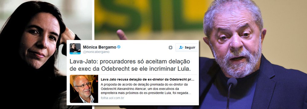 Ao postar no Twitter reportagem da Folha de S. Paulo desta terça-feira 11, que afirma que a Lava Jato recusou a delação de ex-diretor da Odebrecht Alexandrino Alencar, próximo de Lula, a colunista do jornal dá explicita a verdadeira intenção dos investigadores: "Lava-Jato: procuradores só aceitam delação de exec da Odebrecht se ele incriminar Lula" (Foto: Gisele Federicce) Ao postar no Twitter reportagem da Folha de S. Paulo desta terça-feira 11, que afirma que a Lava Jato recusou a delação de ex-diretor da Odebrecht Alexandrino Alencar, próximo de Lula, a colunista do jornal dá explicita a verdadeira intenção dos investigadores: "Lava-Jato: procuradores só aceitam delação de exec da Odebrecht se ele incriminar Lula"