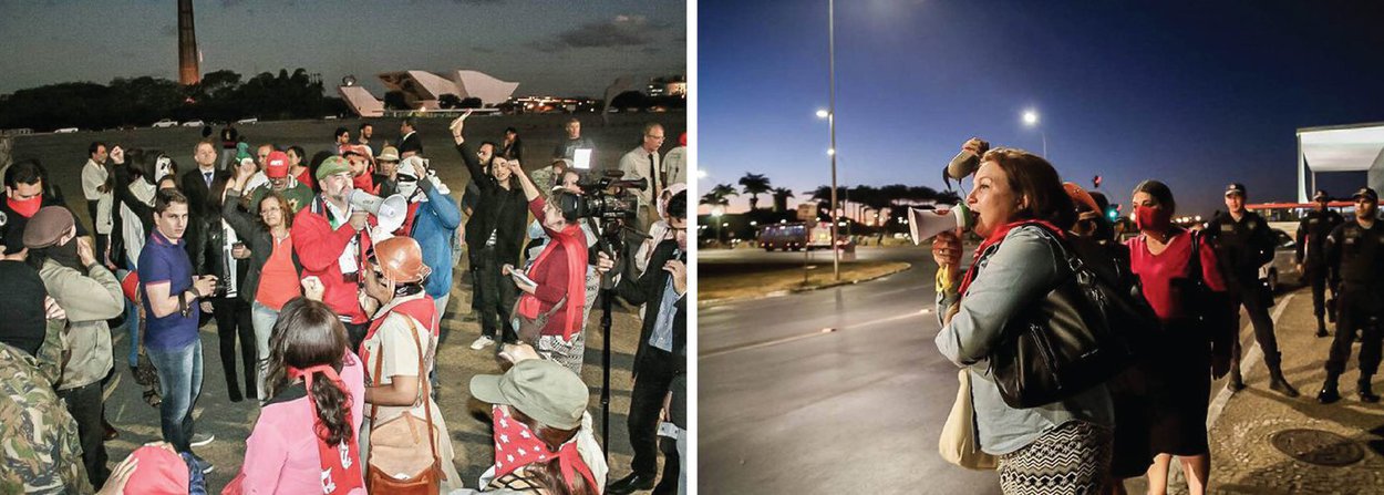 Um grupo de cerca de 70 pessoas protesta na noite desta segunda (4) em frente ao Palácio do Planalto contra o presidente interino, Michel Temer; com faixas e palavras de ordem pedindo a saída de Temer do governo, os manifestantes se reúnem na Praça dos Três Poderes, em frente à sede do Executivo (Foto: Valter Lima) Um grupo de cerca de 70 pessoas protesta na noite desta segunda (4) em frente ao Palácio do Planalto contra o presidente interino, Michel Temer; com faixas e palavras de ordem pedindo a saída de Temer do governo, os manifestantes se reúnem na Praça dos Três Poderes, em frente à sede do Executivo