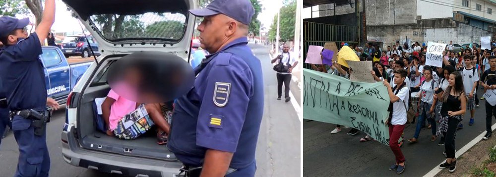 Um protesto de estudantes de escolas estaduais de Campinas contra a reforma do ensino médio, nesta terça-feira, 18, foi reprimido com truculência pela Guarda Municipal; um grupo de sete estudantes, sendo seis menores de idade, acabou sendo detido pela Guarda Municipal; pelo menos dois deles foram algemados, e levados nas viaturas da Guarda Municipal para a 2ª Delegacia Seccional de Campinas; segundo integrantes do movimento, cerca de 300 estudantes participaram da manifestação; Guarda Municipal informou que foram cerca de 150 (Foto: Aquiles Lins) Um protesto de estudantes de escolas estaduais de Campinas contra a reforma do ensino médio, nesta terça-feira, 18, foi reprimido com truculência pela Guarda Municipal; um grupo de sete estudantes, sendo seis menores de idade, acabou sendo detido pela Guarda Municipal; pelo menos dois deles foram algemados, e levados nas viaturas da Guarda Municipal para a 2ª Delegacia Seccional de Campinas; segundo integrantes do movimento, cerca de 300 estudantes participaram da manifestação; Guarda Municipal informou que foram cerca de 150