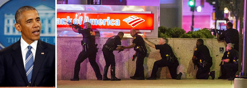 Presidente dos Estados Unidos conversou com o prefeito de Dallas, Mike Rawlings, para estender suas condolências e oferecer apoio após franco-atiradores matarem cinco policiais e ferirem mais seis; Obama disse que o governo federal irá providenciar qualquer assistência necessária para a cidade, à medida que lida com esta "tremenda tragédia"; ele também voltou a criticar a facilidade de acesso a armas pela população; ataque coordenado ocorreu depois que dois homens negros foram mortos por policiais brancos no país (Foto: Paulo Emílio) Presidente dos Estados Unidos conversou com o prefeito de Dallas, Mike Rawlings, para estender suas condolências e oferecer apoio após franco-atiradores matarem cinco policiais e ferirem mais seis; Obama disse que o governo federal irá providenciar qualquer assistência necessária para a cidade, à medida que lida com esta "tremenda tragédia"; ele também voltou a criticar a facilidade de acesso a armas pela população; ataque coordenado ocorreu depois que dois homens negros foram mortos por policiais brancos no país