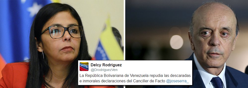 Delcy Rodriguez, a chanceler da Venezuela, manifestou nesta terça (13) repúdio a “declarações descaradas e imorais” de José Serra sobre o país; o chanceler brasileiro afirmou na segunda (12) que considera “sem esperança” a melhoria da relação entre o governo brasileiro liderado por Michel Temer e a Venezuela; por meio do Twitter, a ministra venezuelana afirmou que o “governo de fato do Brasil, produto de um golpe parlamentar, violentou a ordem democrática desta nação irmã sul-americana” (Foto: Valter Lima) Delcy Rodriguez, a chanceler da Venezuela, manifestou nesta terça (13) repúdio a “declarações descaradas e imorais” de José Serra sobre o país; o chanceler brasileiro afirmou na segunda (12) que considera “sem esperança” a melhoria da relação entre o governo brasileiro liderado por Michel Temer e a Venezuela; por meio do Twitter, a ministra venezuelana afirmou que o “governo de fato do Brasil, produto de um golpe parlamentar, violentou a ordem democrática desta nação irmã sul-americana”