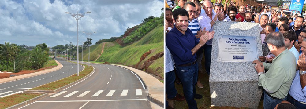 O prefeito ACM Neto inaugurou na tarde desta quinta-feira a Avenida 2 de Julho, nova via de ligação entre os bairros de Cajazeiras, Águas Claras e Valéria com a BR-324; a obra, 'uma das maiores da área de mobilidade que a cidade já viu', segundo a prefeitura, beneficiará mais de um milhão de pessoas; a estimativa de fluxo na Avenida 2 de Julho é de aproximadamente quatro mil veículos por dia; o investimento é de R$ 60 milhões; "Essa é uma obra que vai trazer muita facilidade em termos de mobilidade urbana. Vai diminuir o tempo de deslocamento das milhares de pessoas que vivem nesta região e que vão diariamente ou para o Centro da cidade ou para o Subúrbio ou para a região de Pirajá", disse ACM Neto (Foto: Romulo Faro) O prefeito ACM Neto inaugurou na tarde desta quinta-feira a Avenida 2 de Julho, nova via de ligação entre os bairros de Cajazeiras, Águas Claras e Valéria com a BR-324; a obra, 'uma das maiores da área de mobilidade que a cidade já viu', segundo a prefeitura, beneficiará mais de um milhão de pessoas; a estimativa de fluxo na Avenida 2 de Julho é de aproximadamente quatro mil veículos por dia; o investimento é de R$ 60 milhões; "Essa é uma obra que vai trazer muita facilidade em termos de mobilidade urbana. Vai diminuir o tempo de deslocamento das milhares de pessoas que vivem nesta região e que vão diariamente ou para o Centro da cidade ou para o Subúrbio ou para a região de Pirajá", disse ACM Neto