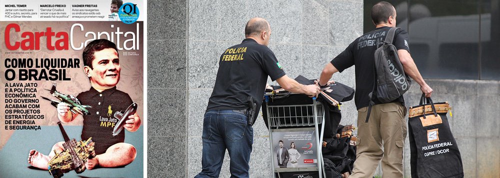 "Na edição 923, como a República de Curitiba está destruindo o país. A jato", anuncia a revista sobre a edição deste fim de semana, que traz na capa um juiz Sérgio Moro "bebê" brincando com submarinos, aviões e uma plataforma da Petrobras (Foto: Gisele Federicce) "Na edição 923, como a República de Curitiba está destruindo o país. A jato", anuncia a revista sobre a edição deste fim de semana, que traz na capa um juiz Sérgio Moro "bebê" brincando com submarinos, aviões e uma plataforma da Petrobras