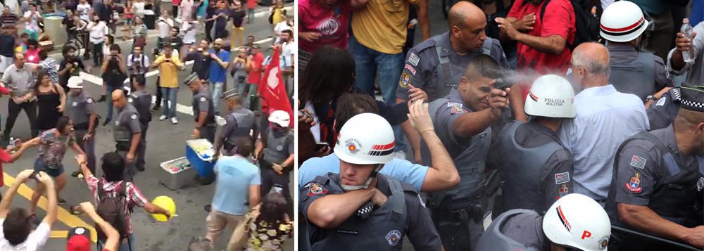 Ação truculenta da Polícia Militar contra uma mulher que vendia água durante manifestação contra Temer em São Paulo gerou revolta das pessoas que estavam no local neste domingo; um grupo que estava no local tentou defender a ambulante e até empurrar os policiais, mas levava spray de pimenta no rosto a cada investida; um deles foi o ex-senador Eduardo Suplicy; a mulher estava deitada no chão e os agentes levaram sua caixa com água; assista (Foto: Gisele Federicce) Ação truculenta da Polícia Militar contra uma mulher que vendia água durante manifestação contra Temer em São Paulo gerou revolta das pessoas que estavam no local neste domingo; um grupo que estava no local tentou defender a ambulante e até empurrar os policiais, mas levava spray de pimenta no rosto a cada investida; um deles foi o ex-senador Eduardo Suplicy; a mulher estava deitada no chão e os agentes levaram sua caixa com água; assista