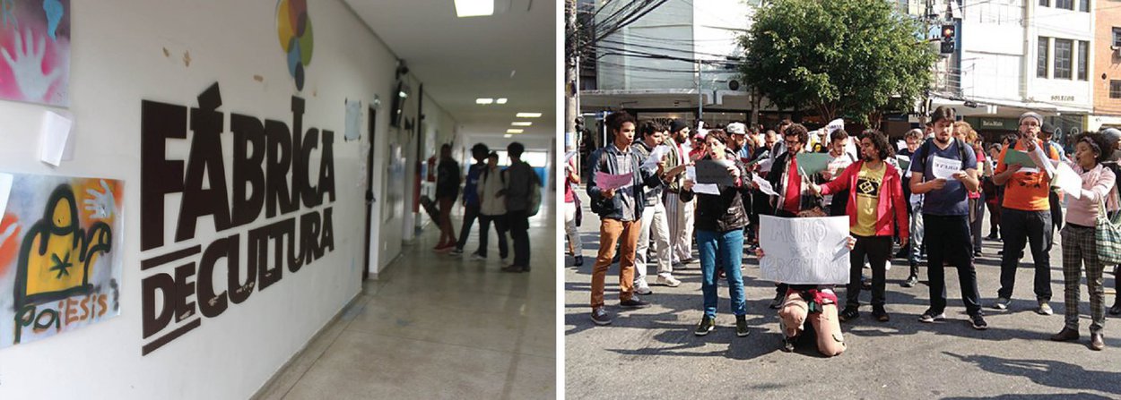 Educadores protestaram nesta segunda (4) contra o sucateamento e demissões de profissionais das fábricas de cultura na capital paulista; as fábricas são espaços de acesso gratuito a atividades artísticas vinculadas à Secretaria da Cultura do Governo do Estado de São Paulo; cinco unidades são gerenciadas pela Poiesis – Instituto de Apoio à Cultura, à Língua e à Literatura, uma Organização Social (OS); a Poiesis alegou que o repasse deste ano do governo Alckmin está sendo menor (Foto: Valter Lima) Educadores protestaram nesta segunda (4) contra o sucateamento e demissões de profissionais das fábricas de cultura na capital paulista; as fábricas são espaços de acesso gratuito a atividades artísticas vinculadas à Secretaria da Cultura do Governo do Estado de São Paulo; cinco unidades são gerenciadas pela Poiesis – Instituto de Apoio à Cultura, à Língua e à Literatura, uma Organização Social (OS); a Poiesis alegou que o repasse deste ano do governo Alckmin está sendo menor