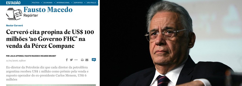 "Sou defensor das ações da Lava-Jato e sei que sem elas seria mais difícil melhorar as coisas. Mas não nos iludamos: sem alguma forma de instituição política e sem políticos que a manejem, não será suficiente botar corruptos na cadeia para purgar erros de condução da economia e da política", diz o ex-presidente Fernando Henrique Cardoso, justamente no momento em que novas delações ameaçam seu partido; "Que se ponha na cadeia quem for responsável, mas que não se confunda tudo: nem todos os políticos basearam sua trajetória na transgressão, e nem todos que financiaram a política, bem como os que receberam ajuda financeira, foram doadores ou receptores de 'propinas'"; em delação recente, Nestor Cerveró apontou propina de US$ 100 milhões em seu governo (Foto: Leonardo Attuch) "Sou defensor das ações da Lava-Jato e sei que sem elas seria mais difícil melhorar as coisas. Mas não nos iludamos: sem alguma forma de instituição política e sem políticos que a manejem, não será suficiente botar corruptos na cadeia para purgar erros de condução da economia e da política", diz o ex-presidente Fernando Henrique Cardoso, justamente no momento em que novas delações ameaçam seu partido; "Que se ponha na cadeia quem for responsável, mas que não se confunda tudo: nem todos os políticos basearam sua trajetória na transgressão, e nem todos que financiaram a política, bem como os que receberam ajuda financeira, foram doadores ou receptores de 'propinas'"; em delação recente, Nestor Cerveró apontou propina de US$ 100 milhões em seu governo