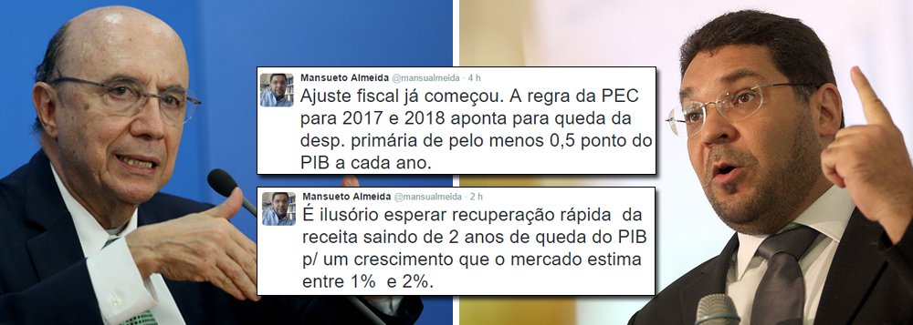 No momento em que a equipe do ministro Henrique Meirelles vem sendo questionada por propor um déficit gigantesco, ao mesmo tempo em que promete ajuste fiscal, o secretário de Acompanhamento Econômico da Fazenda, Mansueto Almeida, usa o Twitter para preparar os ânimos do mercado para um rombo ao redor de R$ 160 bilhões em 2017; "É ilusório esperar recuperação rápida da receita saindo de 2 anos de queda do PIB p/ um crescimento que o mercado estima entre 1% e 2%", postou; segundo ele, o ajuste fiscal "já começou" com a PEC que limita os gastos públicos; a manifestação é uma resposta aos críticos da política fiscal do governo interino de Michel Temer (Foto: Gisele Federicce) No momento em que a equipe do ministro Henrique Meirelles vem sendo questionada por propor um déficit gigantesco, ao mesmo tempo em que promete ajuste fiscal, o secretário de Acompanhamento Econômico da Fazenda, Mansueto Almeida, usa o Twitter para preparar os ânimos do mercado para um rombo ao redor de R$ 160 bilhões em 2017; "É ilusório esperar recuperação rápida da receita saindo de 2 anos de queda do PIB p/ um crescimento que o mercado estima entre 1% e 2%", postou; segundo ele, o ajuste fiscal "já começou" com a PEC que limita os gastos públicos; a manifestação é uma resposta aos críticos da política fiscal do governo interino de Michel Temer