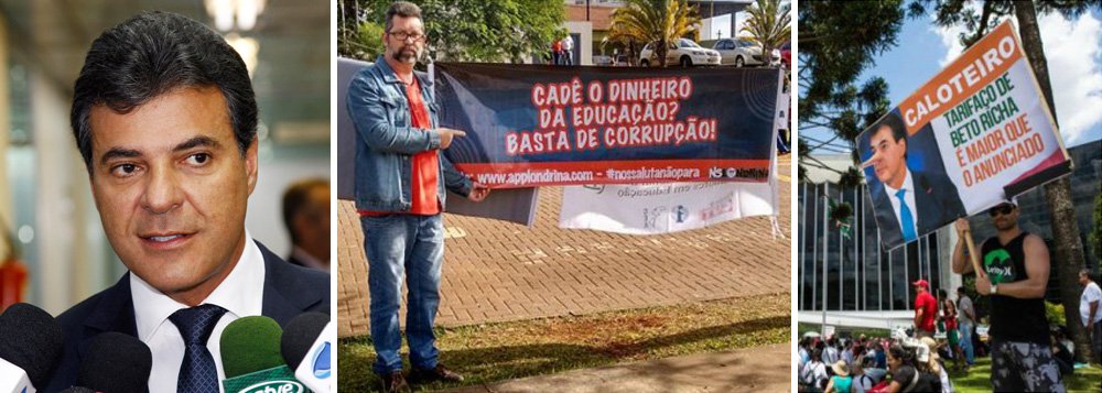 As prisões determinadas pelo governador do Paraná, Beto Richa (PSDB), ocorreram durante evento de transferência um terreno para a construção do Hospital da Zona Oeste de Londrina; o governo do tucano é investigado por desvios de R$ 900 milhões na Receita Estadual, desvendado pela Operação Publicano, e de R$ 30 milhões que seriam destinados à educação, esquema desmantelado pela Operação Quadro Negro; dois dos manifestantes foram presos porque chamavam Richa de “mentiroso” e “covarde”, — em referência ao massacre de 213 pessoas, em abril de 2015, no Centro Cívico de Curitiba (Foto: Leonardo Lucena) As prisões determinadas pelo governador do Paraná, Beto Richa (PSDB), ocorreram durante evento de transferência um terreno para a construção do Hospital da Zona Oeste de Londrina; o governo do tucano é investigado por desvios de R$ 900 milhões na Receita Estadual, desvendado pela Operação Publicano, e de R$ 30 milhões que seriam destinados à educação, esquema desmantelado pela Operação Quadro Negro; dois dos manifestantes foram presos porque chamavam Richa de “mentiroso” e “covarde”, — em referência ao massacre de 213 pessoas, em abril de 2015, no Centro Cívico de Curitiba
