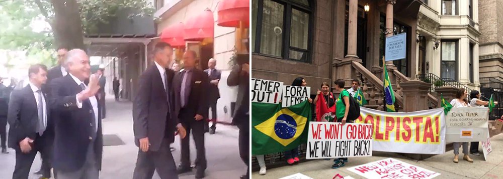 Um grupo de manifestantes segurava cartazes contra o golpe e chamava Michel Temer de "golpista" durante sua entrada ao Hotel Plaza Athénée neste domingo; ele participará, nos Estados Unidos, da Assembleia Geral da ONU, onde fará o discurso de abertura, como é tradição do Brasil, nesta terça-feira (Foto: Gisele Federicce) Um grupo de manifestantes segurava cartazes contra o golpe e chamava Michel Temer de "golpista" durante sua entrada ao Hotel Plaza Athénée neste domingo; ele participará, nos Estados Unidos, da Assembleia Geral da ONU, onde fará o discurso de abertura, como é tradição do Brasil, nesta terça-feira