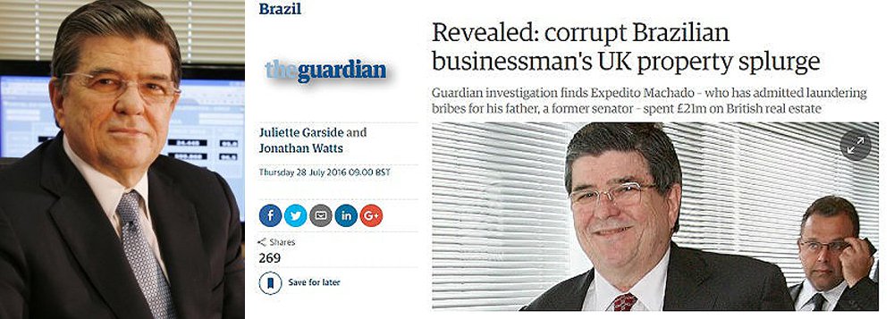 Expedito Machado, o filho do ex-presidente da Transpetro, gastou 21 milhões de libras, ou R$ 90,2 milhões, em negócios imobiliários em 2014 e 2015, a compra de edifícios de escritórios na City londrina, na Fleet Street, rua central de Londres, um apartamento em Mayfair e um terreno ao lado do canal na zona portuária de Leeds, segundo reportagem do jornal britânico The Guardian; destaque foi de Fernando Brito, do Tijolaço (Foto: Gisele Federicce) Expedito Machado, o filho do ex-presidente da Transpetro, gastou 21 milhões de libras, ou R$ 90,2 milhões, em negócios imobiliários em 2014 e 2015, a compra de edifícios de escritórios na City londrina, na Fleet Street, rua central de Londres, um apartamento em Mayfair e um terreno ao lado do canal na zona portuária de Leeds, segundo reportagem do jornal britânico The Guardian; destaque foi de Fernando Brito, do Tijolaço