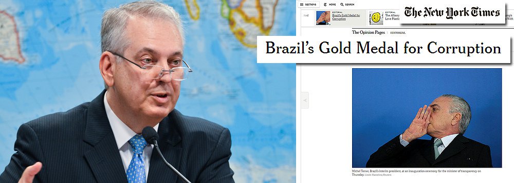 Em resposta a um editorial de 6 de junho em que o The New York Times disse que o Brasil é "medalha de ouro" entre os países que permitem corrupção na política, o embaixador brasileiro nos EUA, Luiz Alberto Figueiredo Machado, publicou um texto nesta quinta-feira em que afirma que as instituições brasileiras têm amplo apoio "de uma sociedade que não tolera nem a corrupção nem a complacência diante dela" e que "não há mais espaço no Brasil para aqueles que são amigos de poderosos. A lei é para todos – incluindo presidentes e ex-presidentes"; ele também saúda o presidente interino Michel Temer, acusado de corrupção pelo delator Sérgio Machado (Foto: Gisele Federicce) Em resposta a um editorial de 6 de junho em que o The New York Times disse que o Brasil é "medalha de ouro" entre os países que permitem corrupção na política, o embaixador brasileiro nos EUA, Luiz Alberto Figueiredo Machado, publicou um texto nesta quinta-feira em que afirma que as instituições brasileiras têm amplo apoio "de uma sociedade que não tolera nem a corrupção nem a complacência diante dela" e que "não há mais espaço no Brasil para aqueles que são amigos de poderosos. A lei é para todos – incluindo presidentes e ex-presidentes"; ele também saúda o presidente interino Michel Temer, acusado de corrupção pelo delator Sérgio Machado
