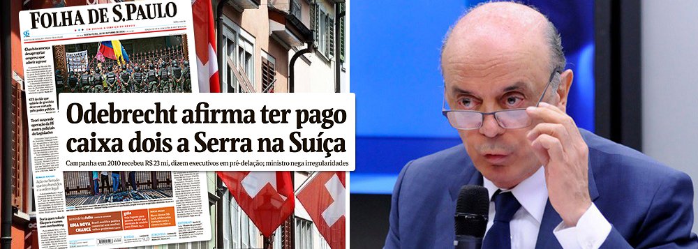 Chega ao fim a carreira política do chanceler brasileiro José Serra; manchete da Folha desta sexta-feira informa que, em seu acordo de delação premiada, a Odebrecht revelou como pagou R$ 23 milhões ao candidato tucano à presidência da República, em 2010, numa conta secreta na Suíça; executivos da empreiteira prometeram entregar os recibos dos depósitos de um valor que, corrigido pela inflação, hoje seria de R$ 34,5 milhões; Serra foi um dos principais articuladores do impeachment da presidente Dilma Rousseff e, no gabinete de Michel Temer, pretendia se credenciar para chegar à presidência da República, mas foi o primeiro cacique abatido na nova fase da Lava Jato; sua continuidade no cargo é insustentável (Foto: Leonardo Attuch) Chega ao fim a carreira política do chanceler brasileiro José Serra; manchete da Folha desta sexta-feira informa que, em seu acordo de delação premiada, a Odebrecht revelou como pagou R$ 23 milhões ao candidato tucano à presidência da República, em 2010, numa conta secreta na Suíça; executivos da empreiteira prometeram entregar os recibos dos depósitos de um valor que, corrigido pela inflação, hoje seria de R$ 34,5 milhões; Serra foi um dos principais articuladores do impeachment da presidente Dilma Rousseff e, no gabinete de Michel Temer, pretendia se credenciar para chegar à presidência da República, mas foi o primeiro cacique abatido na nova fase da Lava Jato; sua continuidade no cargo é insustentável
