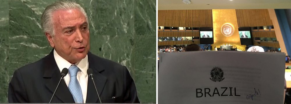 "Não há democracia sem Estado de direito. É o que o Brasil mostra ao mundo. E o faz por processo de depuração do seu processo político", discursou Michel Temer na abertura da Assembleia Geral das Nações Unidas; ele destacou ainda em sua fala a força das instituições no Brasil, descrevendo-as como "independentes", e de uma "imprensa inteiramente livre"; como não poderia deixar de ser, a palavra golpista marcou presença no evento (Foto: Gisele Federicce) "Não há democracia sem Estado de direito. É o que o Brasil mostra ao mundo. E o faz por processo de depuração do seu processo político", discursou Michel Temer na abertura da Assembleia Geral das Nações Unidas; ele destacou ainda em sua fala a força das instituições no Brasil, descrevendo-as como "independentes", e de uma "imprensa inteiramente livre"; como não poderia deixar de ser, a palavra golpista marcou presença no evento