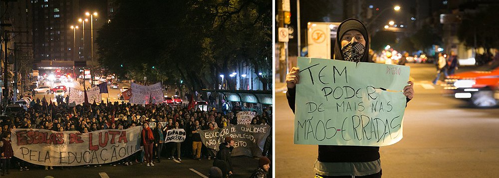 Ainda mais motivados depois da ação truculenta da Brigada Militar estudantes do Comitê de Escolas Independentes (CEI) realizaram novo ato, no centro de Porto Alegre; durante a caminhada, eles criticaram a BM pela ação na Secretaria da Fazenda e afirmaram não se sentir representados por entidades como a União Brasileira dos Estudantes Secundaristas (UBES) e a União Municipal dos Estudantes Secundaristas (Umespa), que fecharam acordo com o governo estadual (Foto: Leonardo Lucena) Ainda mais motivados depois da ação truculenta da Brigada Militar estudantes do Comitê de Escolas Independentes (CEI) realizaram novo ato, no centro de Porto Alegre; durante a caminhada, eles criticaram a BM pela ação na Secretaria da Fazenda e afirmaram não se sentir representados por entidades como a União Brasileira dos Estudantes Secundaristas (UBES) e a União Municipal dos Estudantes Secundaristas (Umespa), que fecharam acordo com o governo estadual