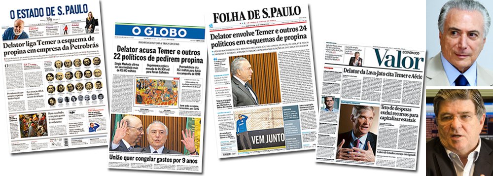Estado, Globo, Folha e Valor destacam a ligação do interino Michel Temer com o esquema de propinas de Sérgio Machado, ex-presidente da Transpetro; ele afirma que o peemedebista acordou o repasse de R$ 1,5 milhão à campanha de Gabriel Chalita (ex-PMDB) à Prefeitura de São Paulo, em 2012; em editorial, jornal de Otavio Frias diz que “a narrativa de Sérgio Machado indica o quanto o governo de Michel Temer pode se enfraquecer diante da Lava Jato. Nem mesmo políticos agora aliados e há tempos afastados da máquina federal, como o senador Aécio Neves (PSDB-MG), passaram incólumes”; “delação sacudiu Brasília”, ressalta, por sua vez, a publicação dos irmãos Marinho; governo provisório balança (Foto: Roberta Namour) Estado, Globo, Folha e Valor destacam a ligação do interino Michel Temer com o esquema de propinas de Sérgio Machado, ex-presidente da Transpetro; ele afirma que o peemedebista acordou o repasse de R$ 1,5 milhão à campanha de Gabriel Chalita (ex-PMDB) à Prefeitura de São Paulo, em 2012; em editorial, jornal de Otavio Frias diz que “a narrativa de Sérgio Machado indica o quanto o governo de Michel Temer pode se enfraquecer diante da Lava Jato. Nem mesmo políticos agora aliados e há tempos afastados da máquina federal, como o senador Aécio Neves (PSDB-MG), passaram incólumes”; “delação sacudiu Brasília”, ressalta, por sua vez, a publicação dos irmãos Marinho; governo provisório balança