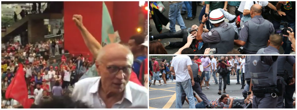 A PM do governador Geraldo Alckmin deu mais um show de truculência neste domingo, durante mais um protesto que pede o Fora Temer e novas eleições; atingido por spray de pimenta, o ex-senador Eduardo Suplicy (PT) relatou que foi ameaçado de ser “surrado com cassetete” pelos agentes; ele disse que escreverá uma carta ao governador, responsável pelo comando da Polícia Militar, que partiu para cima de manifestantes e de fotógrafos da imprensa; veja o vídeo com o discurso do ex-senador
(Foto: Leonardo Lucena) A PM do governador Geraldo Alckmin deu mais um show de truculência neste domingo, durante mais um protesto que pede o Fora Temer e novas eleições; atingido por spray de pimenta, o ex-senador Eduardo Suplicy (PT) relatou que foi ameaçado de ser “surrado com cassetete” pelos agentes; ele disse que escreverá uma carta ao governador, responsável pelo comando da Polícia Militar, que partiu para cima de manifestantes e de fotógrafos da imprensa; veja o vídeo com o discurso do ex-senador