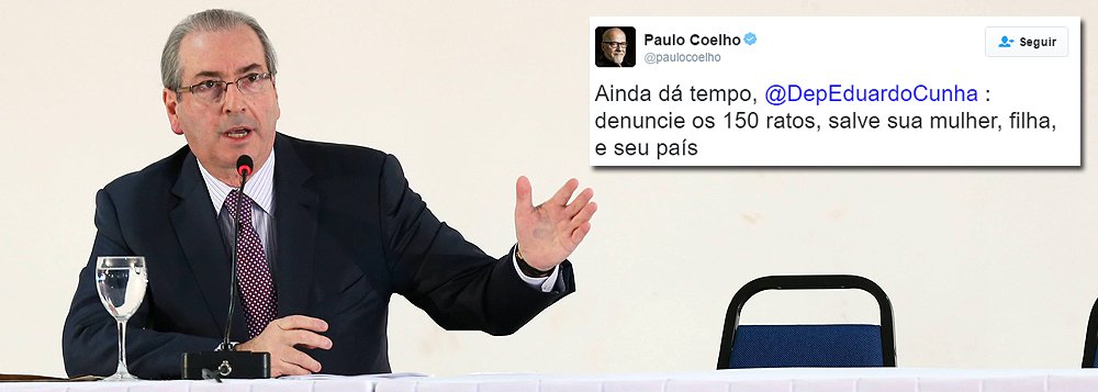 Escritor Paulo Coelho reforçou neste domingo, 26, o apelo para que o deputado afastado Eduardo Cunha (PMDB-RJ) conte o que sabe às autoridades e não caia sozinho na Lava Jato; "Ainda dá tempo, @DepEduardoCunha : denuncie os 150 ratos, salve sua mulher, filha, e seu país", disse Coelho em sua página no Twitter; escritor compartilhou notícia de que o ministro Teori Zavascki, relator da Lava Jato no Supremo Tribunal Federal (STF), negou a Cunha pedido para suspender a ação penal da Justiça Federal do Paraná, que entre outras decisões, resultou no bloqueio de seus bens (Foto: Aquiles Lins) Escritor Paulo Coelho reforçou neste domingo, 26, o apelo para que o deputado afastado Eduardo Cunha (PMDB-RJ) conte o que sabe às autoridades e não caia sozinho na Lava Jato; "Ainda dá tempo, @DepEduardoCunha : denuncie os 150 ratos, salve sua mulher, filha, e seu país", disse Coelho em sua página no Twitter; escritor compartilhou notícia de que o ministro Teori Zavascki, relator da Lava Jato no Supremo Tribunal Federal (STF), negou a Cunha pedido para suspender a ação penal da Justiça Federal do Paraná, que entre outras decisões, resultou no bloqueio de seus bens