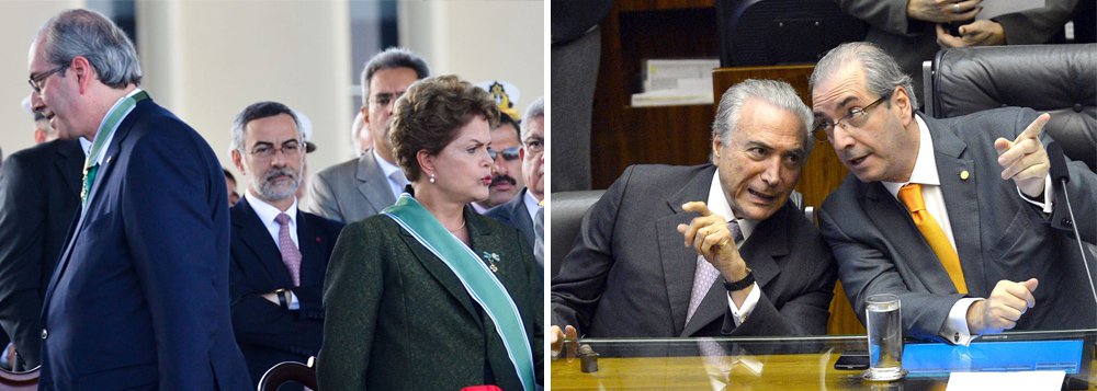 A ameaça é relatada na coluna Radar deste fim de semanal; ou seja, depois de afastar a presidente Dilma Rousseff com seu impeachment sem crime de responsabilidade (o golpe parlamentar de 17 de abril), Eduardo Cunha estaria se preparando para detonar também o interino Michel Temer; reportagem da revista Carta Capital deste fim de semana também informa que ele teria grampeado Michel Temer sobre "velhas parcerias" no setor portuário, enquanto uma coluna da Folha sugere que ele faça delação premiada; perto de ter seu mandato cassado, Cunha inspira rumores sobre ameaças contra o aliado Michel Temer (Foto: Leonardo Attuch) A ameaça é relatada na coluna Radar deste fim de semanal; ou seja, depois de afastar a presidente Dilma Rousseff com seu impeachment sem crime de responsabilidade (o golpe parlamentar de 17 de abril), Eduardo Cunha estaria se preparando para detonar também o interino Michel Temer; reportagem da revista Carta Capital deste fim de semana também informa que ele teria grampeado Michel Temer sobre "velhas parcerias" no setor portuário, enquanto uma coluna da Folha sugere que ele faça delação premiada; perto de ter seu mandato cassado, Cunha inspira rumores sobre ameaças contra o aliado Michel Temer