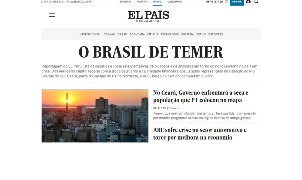 "No Ceará, Temer enfrentará a seca e população que PT colocou no mapa". Esse é o título de matéria da edição brasileira do jornal "El País". O jornal traz uma extensa reportagem sobre a crise e o governo de Michel Temer, abordando o ambiente político da capital federal , a calamidade financeira dos Estados, representada na situação do Rio Grande do Sul e o apoio da população mais pobre no Ceará, parte do bastião do PT no Nordeste, e no ABC, berço do partido, em São Paulo (Foto: Fatima 247) "No Ceará, Temer enfrentará a seca e população que PT colocou no mapa". Esse é o título de matéria da edição brasileira do jornal "El País". O jornal traz uma extensa reportagem sobre a crise e o governo de Michel Temer, abordando o ambiente político da capital federal , a calamidade financeira dos Estados, representada na situação do Rio Grande do Sul e o apoio da população mais pobre no Ceará, parte do bastião do PT no Nordeste, e no ABC, berço do partido, em São Paulo