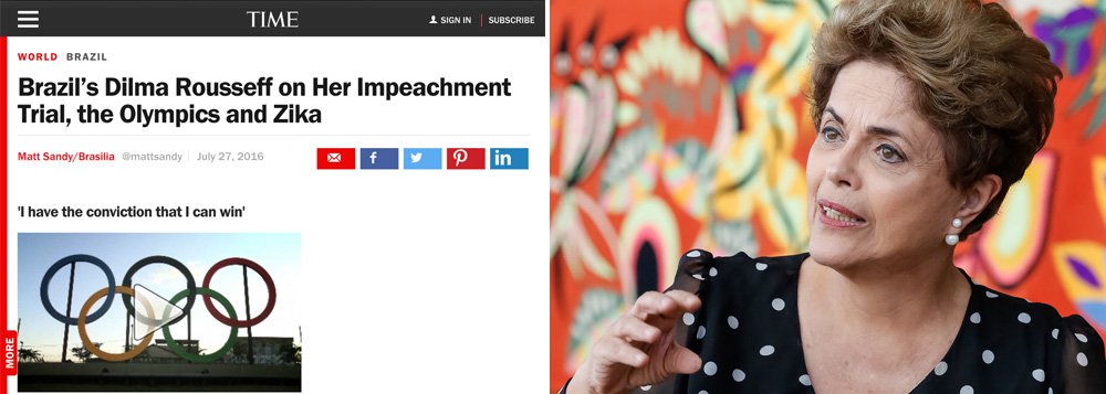 A presidente Dilma Rousseff volta a denunciar o "golpe parlamentar" no Brasil e ressalta que convocará um plebiscito para a reforma política se voltar ao poder, em entrevista à revista Time; ela diz estar convicta de que poderá reverter seu processo de impeachment: "Estou convicta de que posso vencer"; sobre a cerimônia de abertura da Olimpíada, diz ser "presidenta eleita por 54 milhões e meio de votos. Eu não vou ficar nos Jogos Olímpicos numa situação extremamente injusta, porque fui eu que fiz os Jogos Olímpicos, no meu governo"; para ela, o evento não foi um erro para o Brasil, que está preparado para receber os atletas e os turistas; assista alguns trechos (Foto: Gisele Federicce) A presidente Dilma Rousseff volta a denunciar o "golpe parlamentar" no Brasil e ressalta que convocará um plebiscito para a reforma política se voltar ao poder, em entrevista à revista Time; ela diz estar convicta de que poderá reverter seu processo de impeachment: "Estou convicta de que posso vencer"; sobre a cerimônia de abertura da Olimpíada, diz ser "presidenta eleita por 54 milhões e meio de votos. Eu não vou ficar nos Jogos Olímpicos numa situação extremamente injusta, porque fui eu que fiz os Jogos Olímpicos, no meu governo"; para ela, o evento não foi um erro para o Brasil, que está preparado para receber os atletas e os turistas; assista alguns trechos