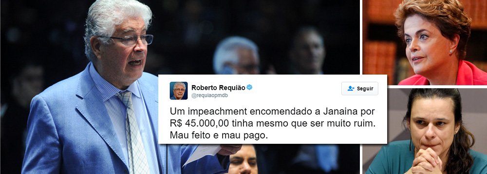 Senador Roberto Requião (PMDB) detona o pedido de impeachment contra Dilma Rousseff feito pela advogada Janaina Paschoal: “Um impeachment encomendado a Janaina por R$ 45 mil tinha mesmo que ser muito ruim. Mal feito e mal pago”, postou ele no Twitter; a jurista admitiu ter recebido a soma do PSDB para, junto com Miguel Reale Júnior, elaborar um parecer sobre o afastamento da presidente; um laudo assinado por três técnicos do Senado e entregue nesta segunda-feira à comissão do impeachment, a pedido da defesa da presidente, rebate denúncia de que ela praticou "pedalada fiscal”; “É preciso entender que não se trata de questão jurídica, mas de rejeição econômica, política e pessoal. Simples assim!”, acrescentou Requião (Foto: Roberta Namour) Senador Roberto Requião (PMDB) detona o pedido de impeachment contra Dilma Rousseff feito pela advogada Janaina Paschoal: “Um impeachment encomendado a Janaina por R$ 45 mil tinha mesmo que ser muito ruim. Mal feito e mal pago”, postou ele no Twitter; a jurista admitiu ter recebido a soma do PSDB para, junto com Miguel Reale Júnior, elaborar um parecer sobre o afastamento da presidente; um laudo assinado por três técnicos do Senado e entregue nesta segunda-feira à comissão do impeachment, a pedido da defesa da presidente, rebate denúncia de que ela praticou "pedalada fiscal”; “É preciso entender que não se trata de questão jurídica, mas de rejeição econômica, política e pessoal. Simples assim!”, acrescentou Requião