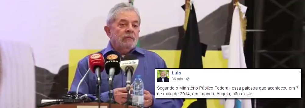 "Segundo o Ministério Público Federal, essa palestra que aconteceu em 7 de maio de 2014, em Luanda, Angola, não existe", diz post na página do ex-presidente no Facebook, acompanhado de um vídeo de 10 minutos com trecho da palestra e o áudio da íntegra da fala de Lula; segundo a acusação do Ministério Público Federal, Lula teria favorecido a Odebrecht com empréstimos no BNDES em troca da contratação da empresa de seu sobrinho em Angola e de palestras suas no país africano; segundo a defesa do ex-presidente, a acusação é "absurda", primeiro, porque "as decisões do BNDES são colegiadas", e Lula não participava delas; além disso, "se Lula não é funcionário público desde 2011 não pode lhe ser imputado o crime de corrupção ou tráfico de influência", afirmam os advogados (Foto: Gisele Federicce) "Segundo o Ministério Público Federal, essa palestra que aconteceu em 7 de maio de 2014, em Luanda, Angola, não existe", diz post na página do ex-presidente no Facebook, acompanhado de um vídeo de 10 minutos com trecho da palestra e o áudio da íntegra da fala de Lula; segundo a acusação do Ministério Público Federal, Lula teria favorecido a Odebrecht com empréstimos no BNDES em troca da contratação da empresa de seu sobrinho em Angola e de palestras suas no país africano; segundo a defesa do ex-presidente, a acusação é "absurda", primeiro, porque "as decisões do BNDES são colegiadas", e Lula não participava delas; além disso, "se Lula não é funcionário público desde 2011 não pode lhe ser imputado o crime de corrupção ou tráfico de influência", afirmam os advogados