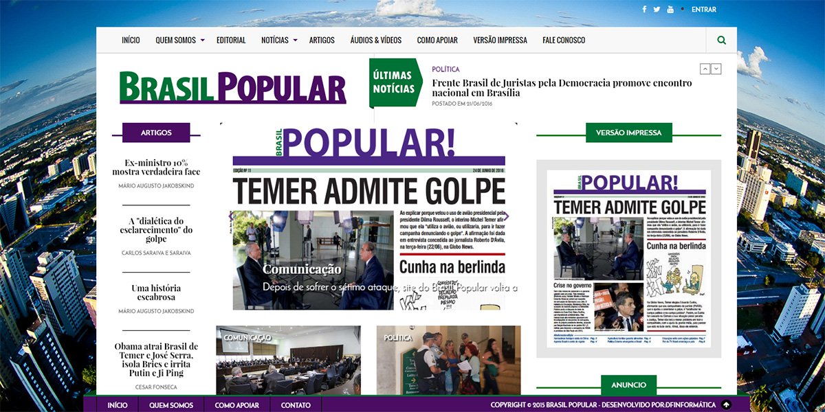 Lançado há poucos meses por militantes progressistas, em versão eletrônica e impressa, distribuído gratuitamente em Brasília, o jornal Brasil Popular vem sendo alvo constante de ataques em seu site; o último, ocorrido neste fim de semana, "deixa claro o descontentamento com a manchete do jornal, que mostra aquilo que a grande mídia esconde: 'Temer admite golpe'", descreve a jornalista Tereza Cruvinel; "A intolerância e a incapacidade de conviver com a pluralidade de ideias mostra sua cara todo dia no Brasil", comenta a colunista do 247 (Foto: Tereza Cruvinel) Lançado há poucos meses por militantes progressistas, em versão eletrônica e impressa, distribuído gratuitamente em Brasília, o jornal Brasil Popular vem sendo alvo constante de ataques em seu site; o último, ocorrido neste fim de semana, "deixa claro o descontentamento com a manchete do jornal, que mostra aquilo que a grande mídia esconde: 'Temer admite golpe'", descreve a jornalista Tereza Cruvinel; "A intolerância e a incapacidade de conviver com a pluralidade de ideias mostra sua cara todo dia no Brasil", comenta a colunista do 247