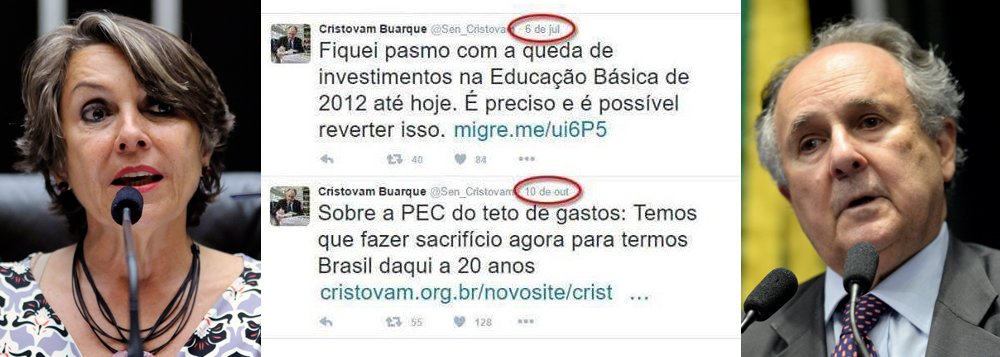 Deputada distrital Erika Kokay (PT) criticou nessa quinta-feira, 13, o senador Cristovam Buarque (PPS-DF), pela mudança de opinião em relação aos investimentos do governo federal na Educação; em julho, Cristovam defendeu o aumento de investimentos na Educação Básica no país; três meses depois, em defesa da PEC 241, escreveu:"temos que fazer sacrifício agora para termos Brasil daqui a 20 anos"; "Isso é o que acontece quando se apoia um golpe, Senador!", criticou Erika Kokay (Foto: Aquiles Lins) Deputada distrital Erika Kokay (PT) criticou nessa quinta-feira, 13, o senador Cristovam Buarque (PPS-DF), pela mudança de opinião em relação aos investimentos do governo federal na Educação; em julho, Cristovam defendeu o aumento de investimentos na Educação Básica no país; três meses depois, em defesa da PEC 241, escreveu:"temos que fazer sacrifício agora para termos Brasil daqui a 20 anos"; "Isso é o que acontece quando se apoia um golpe, Senador!", criticou Erika Kokay