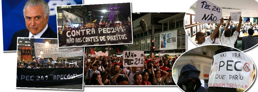 Pesquisa realizada pelo instituto Vox Populi aponta que a proposta de emenda à constituição apresentada pelo governo de Michel Temer, que prevê o congelamento de gastos públicos por 20 anos, é rejeitada por 70% dos brasileiros; quanto à reforma da Previdência, a rejeição é ainda maior: 80% dos trabalhadores do campo e da cidade são contra a proposta que prevê idade mínima de 65 anos para se aposentar; Temer é mal avaliado por 74% dos brasileiros; só 11% consideram o governo de maneira positiva e 15% não sabem ou não responderam; pesquisa foi realizada com 2 mil pessoas entre 9 e 13 de outubro (Foto: Gisele Federicce) Pesquisa realizada pelo instituto Vox Populi aponta que a proposta de emenda à constituição apresentada pelo governo de Michel Temer, que prevê o congelamento de gastos públicos por 20 anos, é rejeitada por 70% dos brasileiros; quanto à reforma da Previdência, a rejeição é ainda maior: 80% dos trabalhadores do campo e da cidade são contra a proposta que prevê idade mínima de 65 anos para se aposentar; Temer é mal avaliado por 74% dos brasileiros; só 11% consideram o governo de maneira positiva e 15% não sabem ou não responderam; pesquisa foi realizada com 2 mil pessoas entre 9 e 13 de outubro