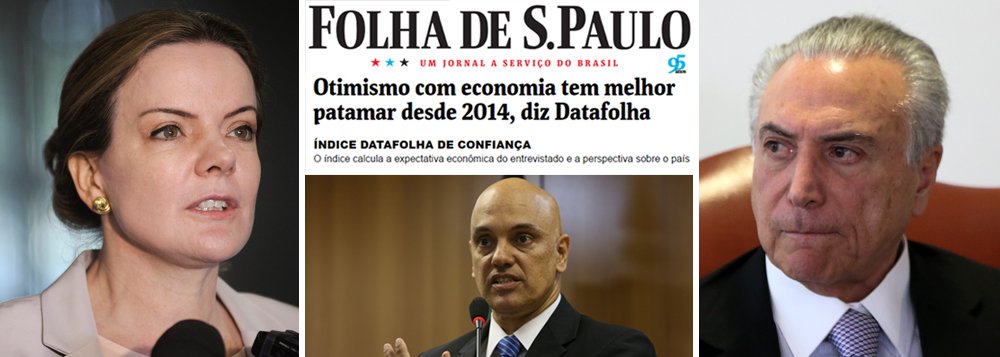 Senadora Gleisi Hoffmann (PT-PR) destaca que "o noticiário, antes azedo e agourento, agora pauta temas positivos do esforço do governo em melhorar a economia do país"; "É impressionante a boa vontade, ou melhor, o apoio, a torcida da grande mídia, do mercado financeiro e da elite brasileira ao governo interino de Michel Temer. Como num passe de mágica tudo que ia de mal a pior no governo da presidenta Dilma melhorou cem por cento agora. A população apoia Temer, segundo pesquisa fraudada do Datafolha. A economia melhorou consideravelmente, inclusive o humor do mercado e da população, segundo a mesma pesquisa", ironiza, sobre pesquisa fraudulenta divulgada há uma semana; "É o governo da salvação nacional. Até o combate ao terrorismo ganhou evidência", acrescenta (Foto: Gleisi Hoffmann) Senadora Gleisi Hoffmann (PT-PR) destaca que "o noticiário, antes azedo e agourento, agora pauta temas positivos do esforço do governo em melhorar a economia do país"; "É impressionante a boa vontade, ou melhor, o apoio, a torcida da grande mídia, do mercado financeiro e da elite brasileira ao governo interino de Michel Temer. Como num passe de mágica tudo que ia de mal a pior no governo da presidenta Dilma melhorou cem por cento agora. A população apoia Temer, segundo pesquisa fraudada do Datafolha. A economia melhorou consideravelmente, inclusive o humor do mercado e da população, segundo a mesma pesquisa", ironiza, sobre pesquisa fraudulenta divulgada há uma semana; "É o governo da salvação nacional. Até o combate ao terrorismo ganhou evidência", acrescenta