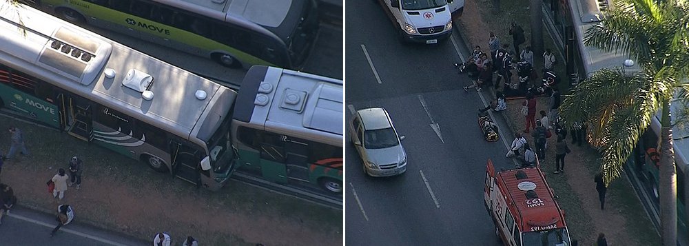 Três ônibus do Move se envolveram em um engavetamento na Avenida Antônio Carlos, na Região da Pampulha; cerca de 30 pessoas sofreram ferimentos leves; um dos veículos não teria conseguido desviar de uma viatura da Polícia Militar (PM) que estaria parada na pista, o que resultou no engavetamento (Foto: Leonardo Lucena) Três ônibus do Move se envolveram em um engavetamento na Avenida Antônio Carlos, na Região da Pampulha; cerca de 30 pessoas sofreram ferimentos leves; um dos veículos não teria conseguido desviar de uma viatura da Polícia Militar (PM) que estaria parada na pista, o que resultou no engavetamento