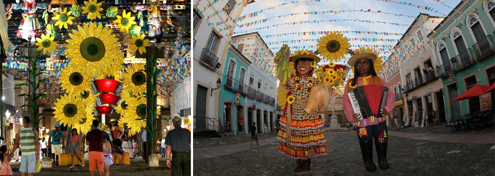 Portais de girassóis iluminados, bonecos gigantes exaltando os símbolos juninos como a sanfona e o milho, dezenas de balões multicoloridos, espantalhos que de tão simpáticos, ao invés de assustar, são fotografados, e 35 mil metros de bandeirolas; estes são alguns elementos da decoração do São João da Bahia, no Pelourinho, que este ano, o tem 'A Colheita' como tema; além de reafirmar a importância do homem do campo para a manutenção da vida urbana, a decoração deixou o Centro Histórico de Salvador no clima do São João (Foto: Romulo Faro) Portais de girassóis iluminados, bonecos gigantes exaltando os símbolos juninos como a sanfona e o milho, dezenas de balões multicoloridos, espantalhos que de tão simpáticos, ao invés de assustar, são fotografados, e 35 mil metros de bandeirolas; estes são alguns elementos da decoração do São João da Bahia, no Pelourinho, que este ano, o tem 'A Colheita' como tema; além de reafirmar a importância do homem do campo para a manutenção da vida urbana, a decoração deixou o Centro Histórico de Salvador no clima do São João
