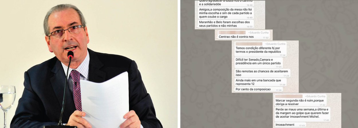 Mensagens do celular de Eduardo Cunha, que renunciou à presidência da Câmara, confirmam que o interino Michel Temer participa da articulação para salvar o seu mandato; "Temos condição diferente hj por termos o presidente da República", escreveu ele no grupo do PMDB; Cunha ainda deu a entender que renunciou para evitar que Waldir Maranhão aceitasse o impeachment de Temer; denunciado por vários crimes, Cunha conta com Temer para escapar da cassação; com isso, cerca de 200 deputados e o próprio Temer poderiam se ver livres de uma delação premiada que implodiria o Congresso e o PMDB (Foto: Valter Lima) Mensagens do celular de Eduardo Cunha, que renunciou à presidência da Câmara, confirmam que o interino Michel Temer participa da articulação para salvar o seu mandato; "Temos condição diferente hj por termos o presidente da República", escreveu ele no grupo do PMDB; Cunha ainda deu a entender que renunciou para evitar que Waldir Maranhão aceitasse o impeachment de Temer; denunciado por vários crimes, Cunha conta com Temer para escapar da cassação; com isso, cerca de 200 deputados e o próprio Temer poderiam se ver livres de uma delação premiada que implodiria o Congresso e o PMDB